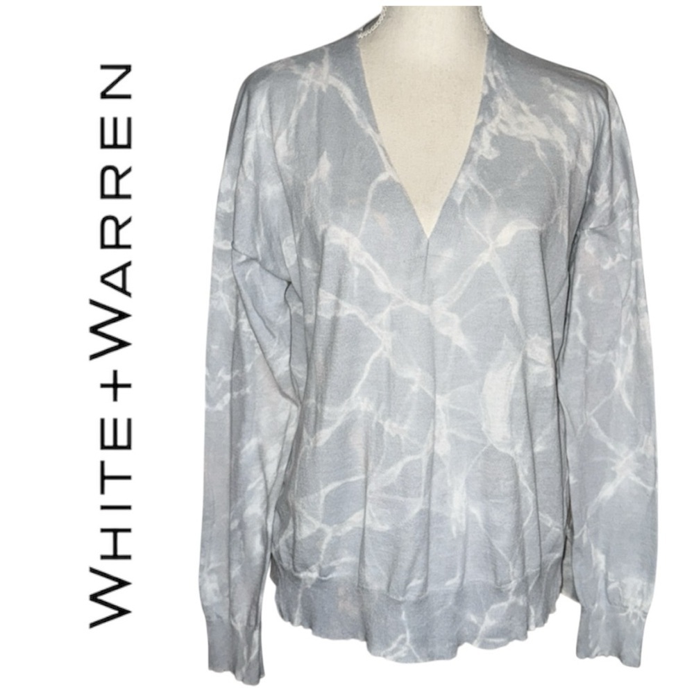 White+Warren Misty Blue Gray Marbled V-Neck Sweater Lightweight Cotton Oversized